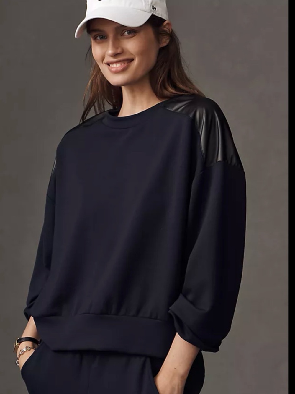 NWT Anthropologie Maeve Navy Faux Leather Trim Crewneck Sweatshirt Size M